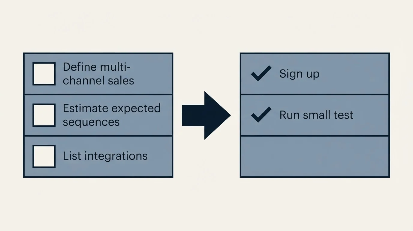 Before-and-after steps: Getting Started Checklist (Define multi-channel sales, Estimate expected sequences, List integrations, Sign up)