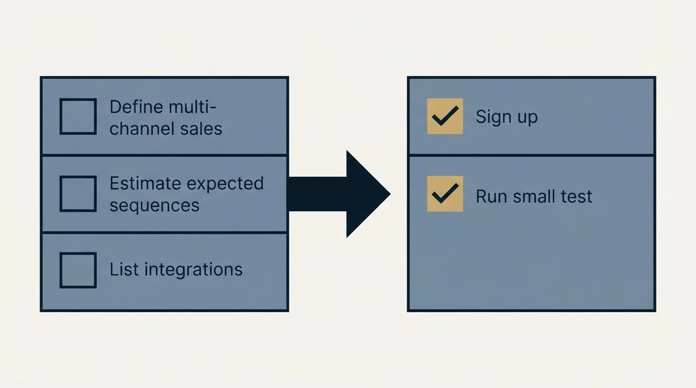 Before-and-after steps: Getting Started Checklist (Define multi-channel sales, Estimate expected sequences, List integrations, Sign up)