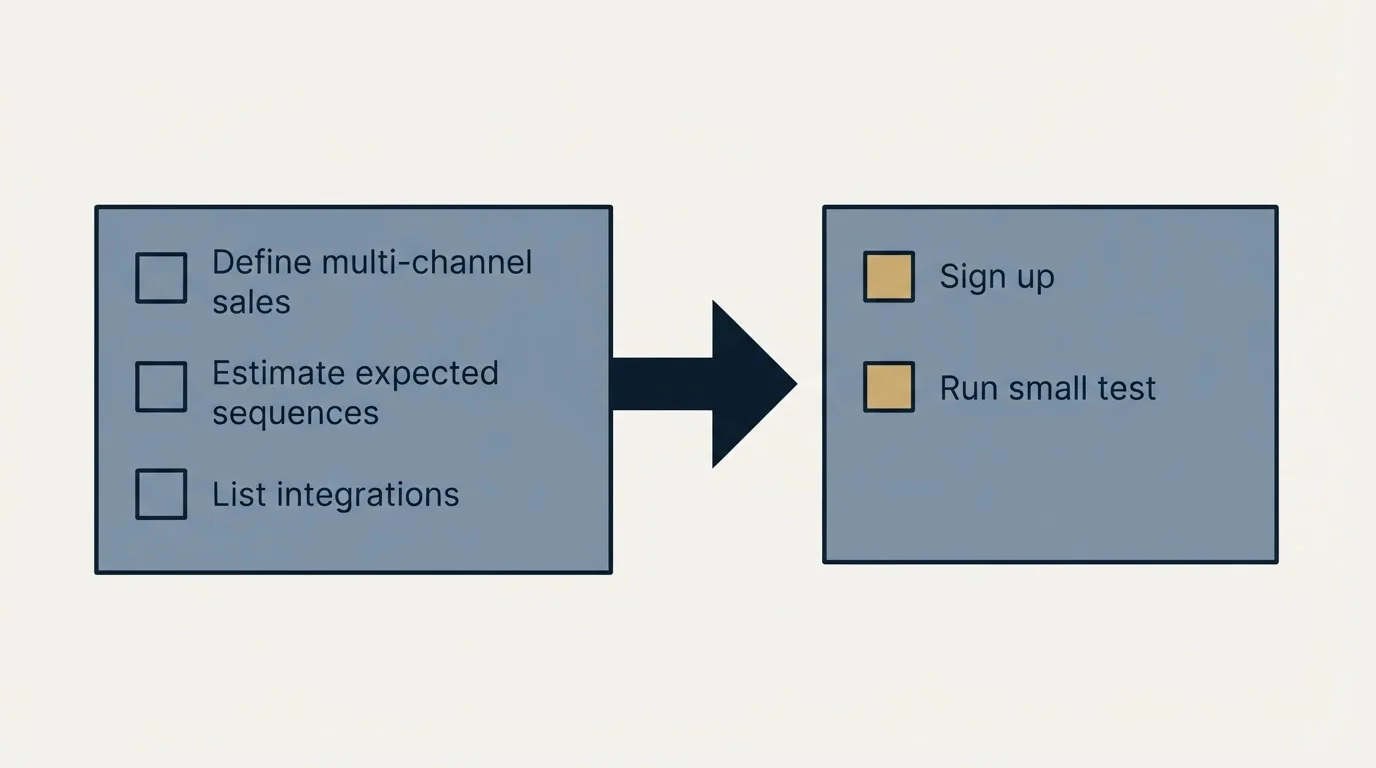 Before-and-after steps: Getting Started Checklist (Define multi-channel sales, Estimate expected sequences, List integrations, Sign up)