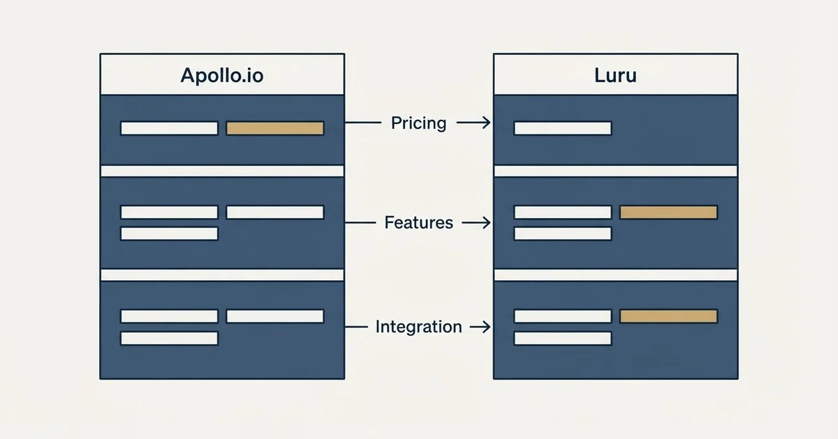 Comparison panel: Apollo.io vs Luru (Pricing, Features, Integration)