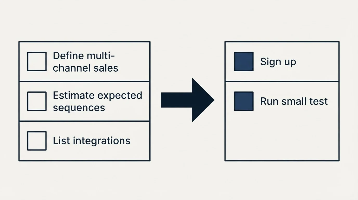 Before-and-after steps: Getting Started Checklist (Define multi-channel sales, Estimate expected sequences, List integrations, Sign up)