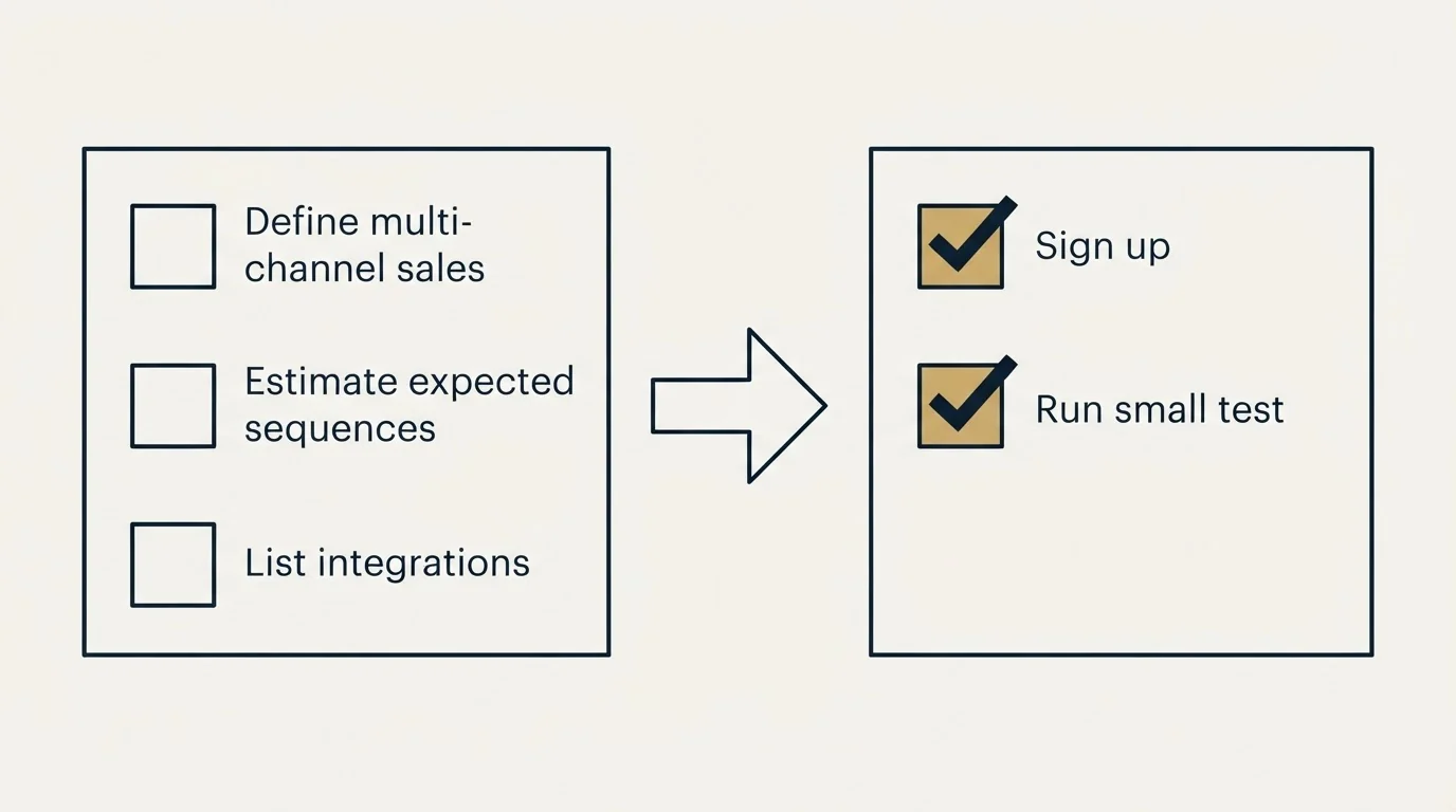 Before-and-after steps: Getting Started Checklist (Define multi-channel sales, Estimate expected sequences, List integrations, Sign up)