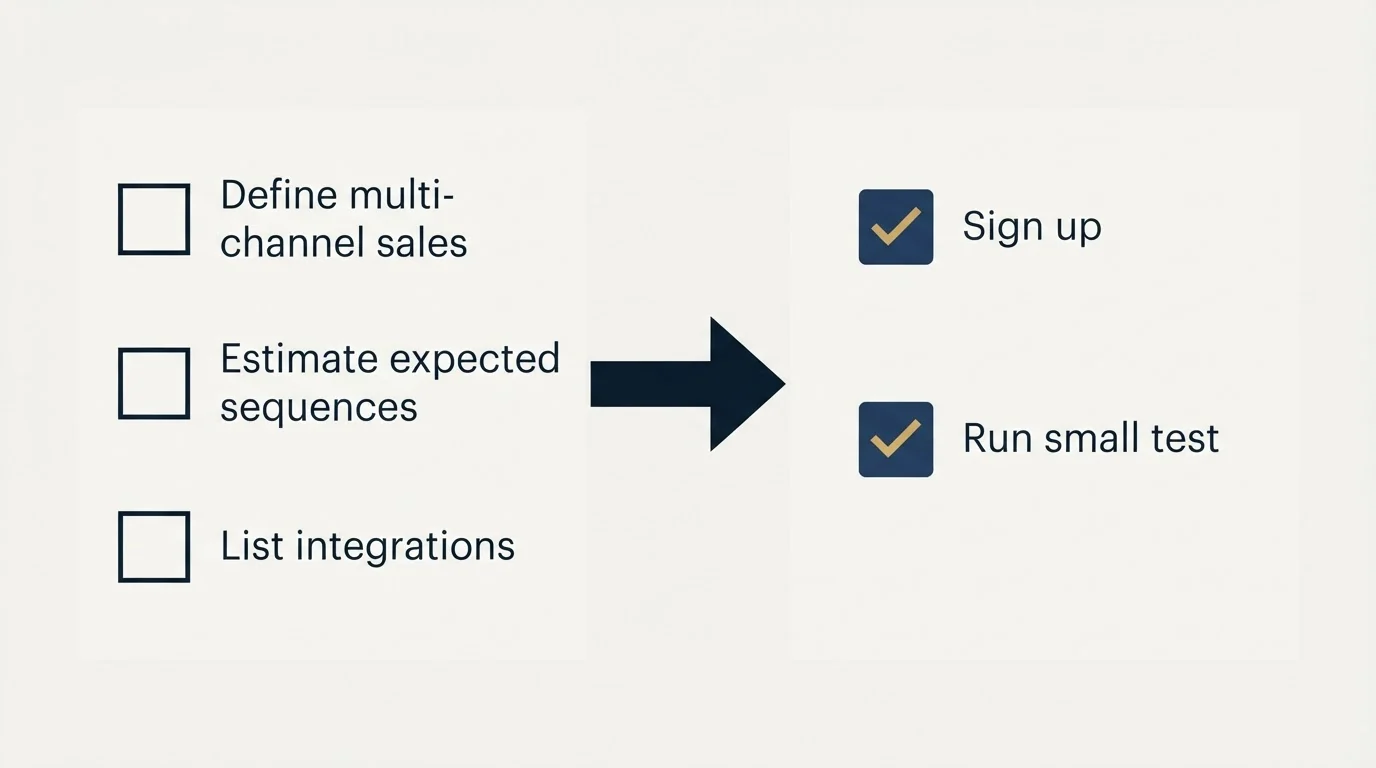 Before-and-after steps: Getting Started Checklist (Define multi-channel sales, Estimate expected sequences, List integrations, Sign up)