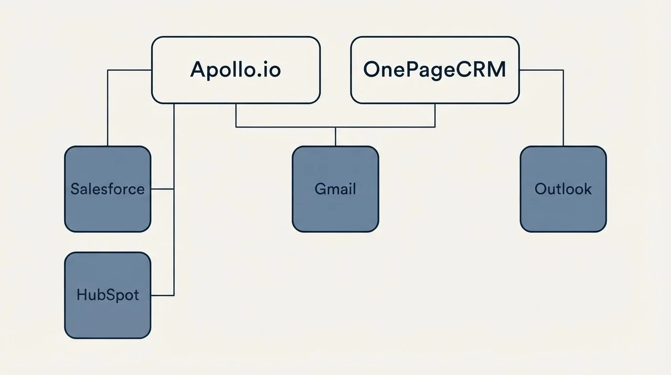 Integration grid: Integration Ecosystem (Apollo.io, OnePageCRM, Gmail, Salesforce)