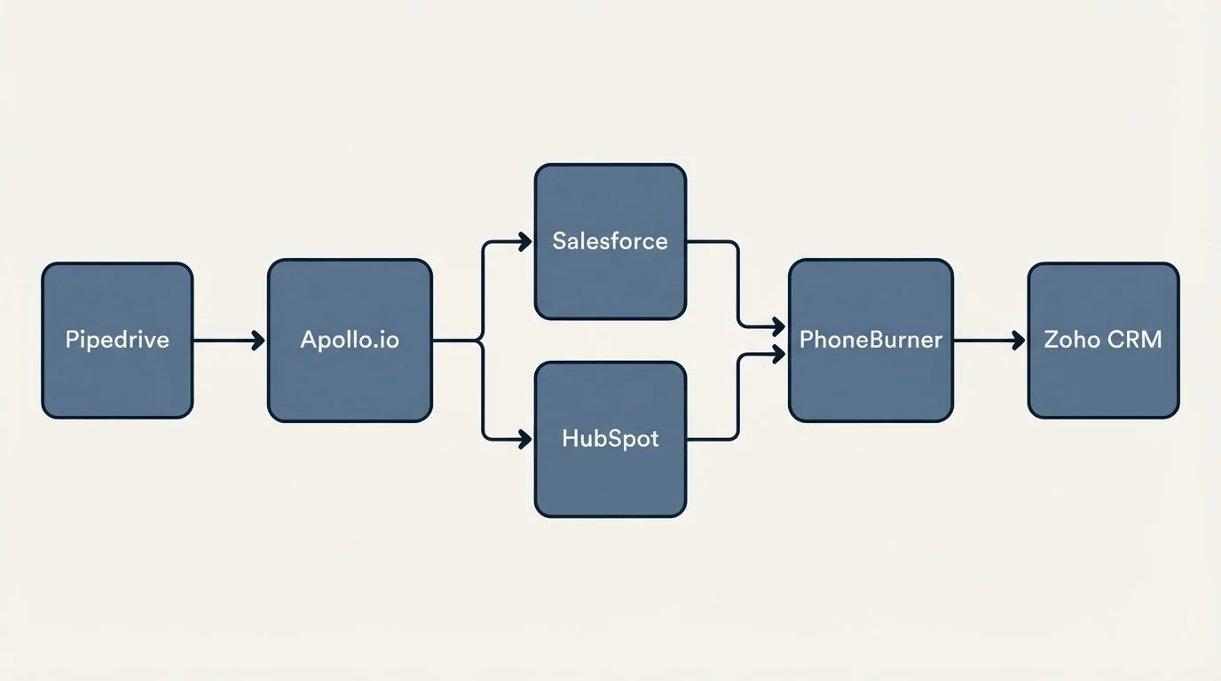 Integration flow: Integration Ecosystem (Apollo.io, PhoneBurner, Salesforce, HubSpot)