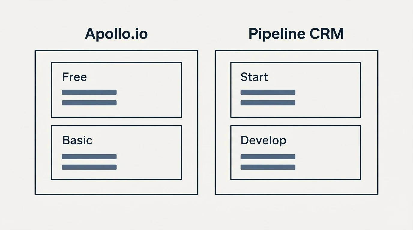Pricing panels: Pricing Comparison (Apollo.io, Pipeline CRM, Free, Start)