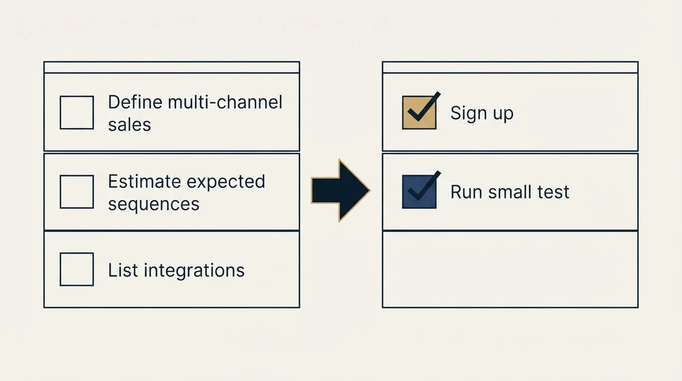 Before-and-after steps: Getting Started Checklist (Define multi-channel sales, Estimate expected sequences, List integrations, Sign up)
