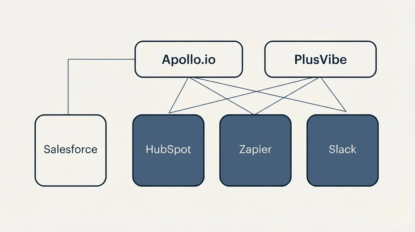 Integration grid: Integration Ecosystem (Apollo.io, PlusVibe, HubSpot, Zapier)