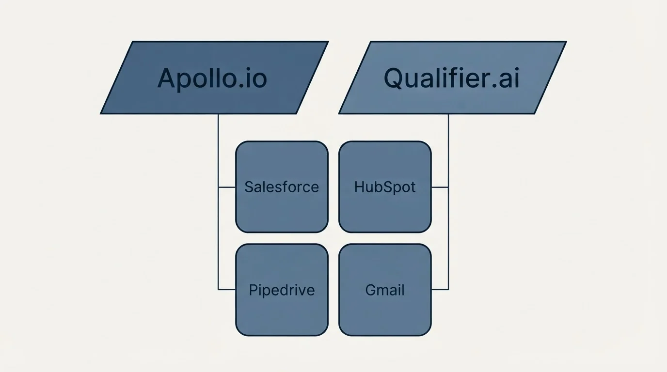 Integration grid: Integration Ecosystem (Apollo.io, Qualifier.ai, Salesforce, HubSpot)