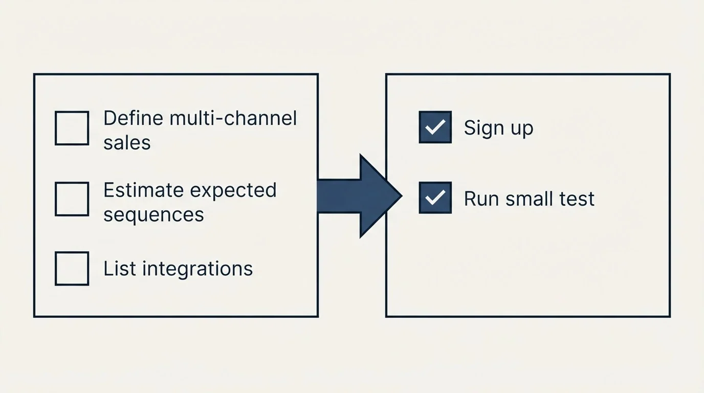 Before-and-after steps: Getting Started Checklist (Define multi-channel sales, Estimate expected sequences, List integrations, Sign up)
