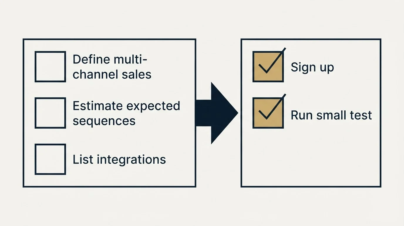 Before-and-after steps: Getting Started Checklist (Define multi-channel sales, Estimate expected sequences, List integrations, Sign up)