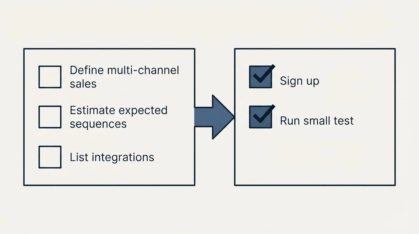 Before-and-after steps: Getting Started Checklist (Define multi-channel sales, Estimate expected sequences, List integrations, Sign up)