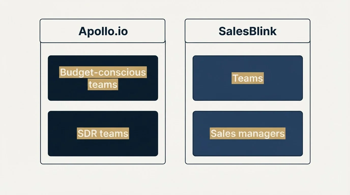 Two-column comparison: Use Case Recommendations (Apollo.io, SalesBlink, Budget-conscious teams, Teams)