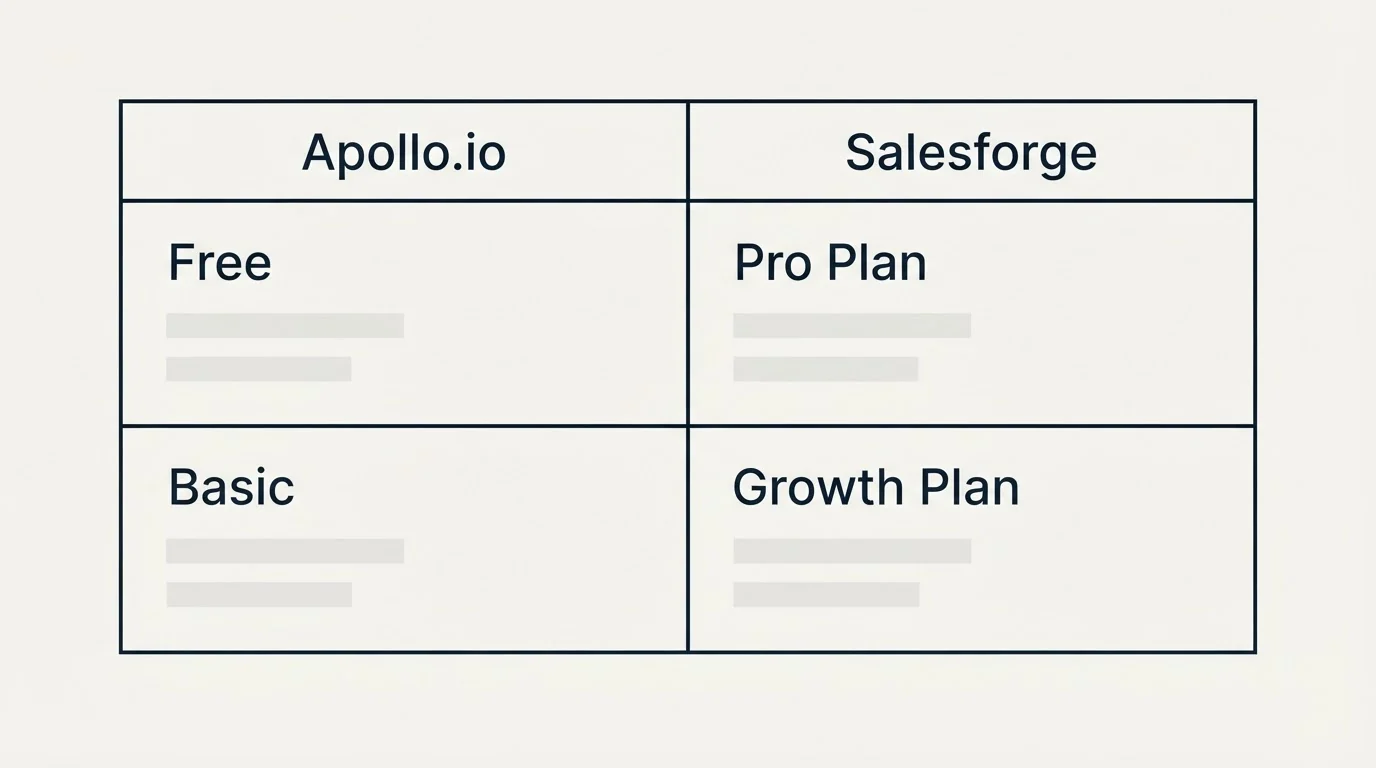 Pricing table: Pricing Comparison (Apollo.io, Salesforge, Free, Pro Plan)