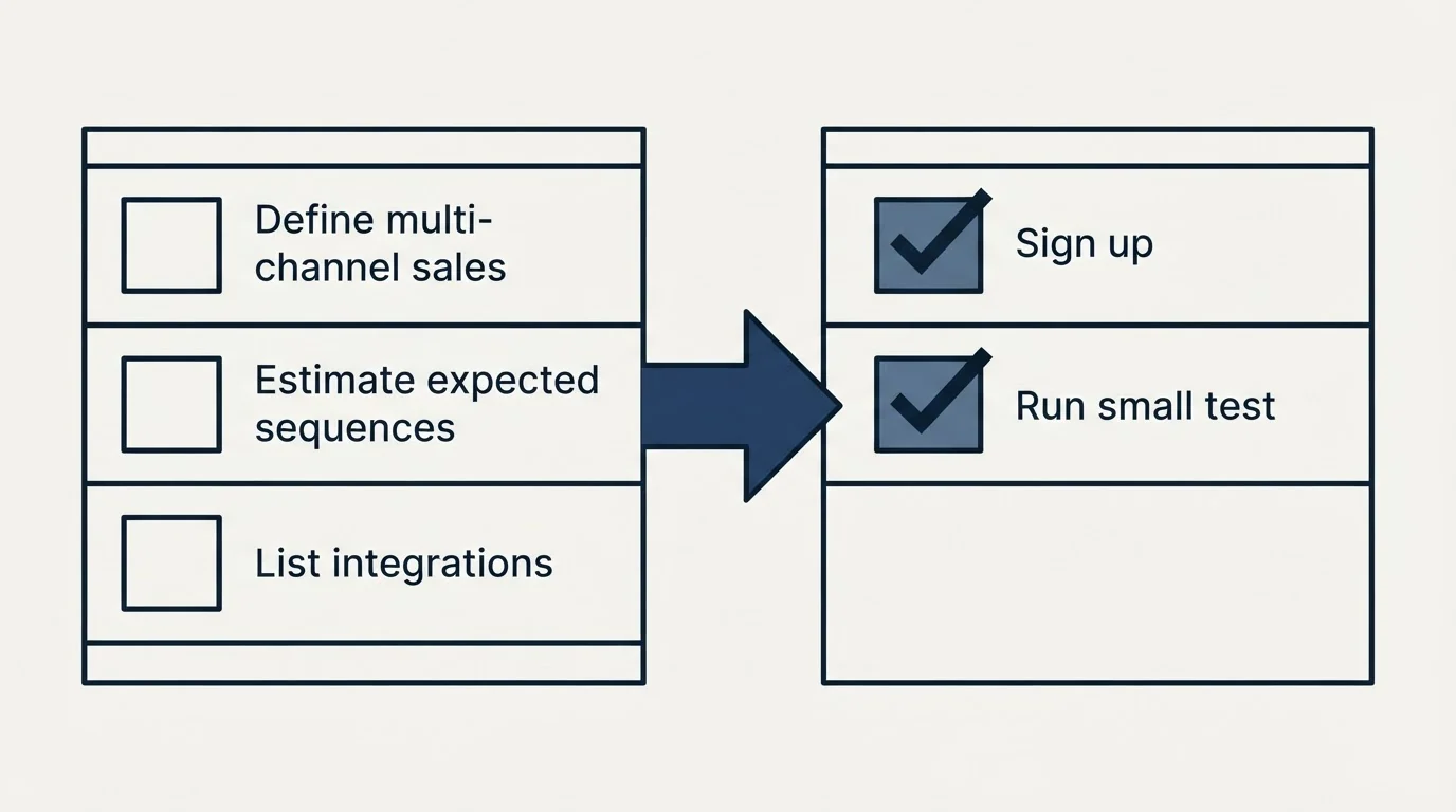 Before-and-after steps: Getting Started Checklist (Define multi-channel sales, Estimate expected sequences, List integrations, Sign up)