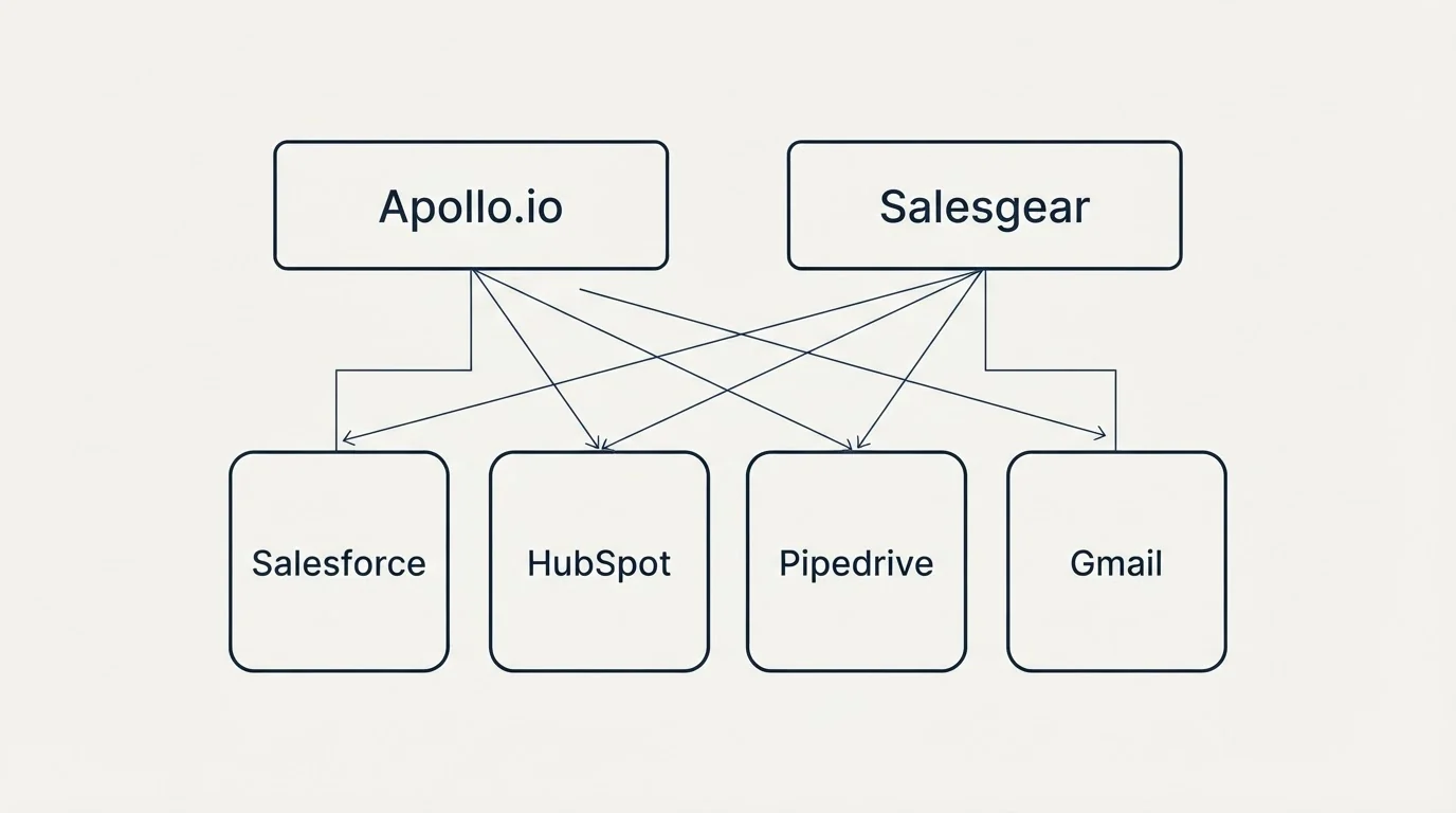 Integration grid: Integration Ecosystem (Apollo.io, Salesgear, Salesforce, HubSpot)
