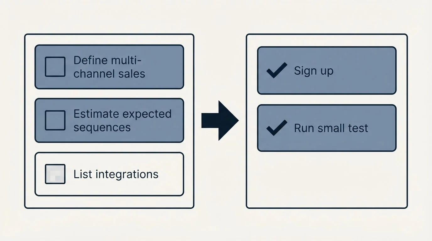 Before-and-after steps: Getting Started Checklist (Define multi-channel sales, Estimate expected sequences, List integrations, Sign up)