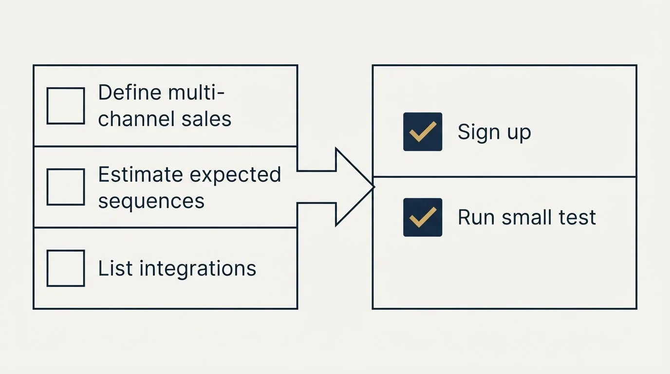 Before-and-after steps: Getting Started Checklist (Define multi-channel sales, Estimate expected sequences, List integrations, Sign up)