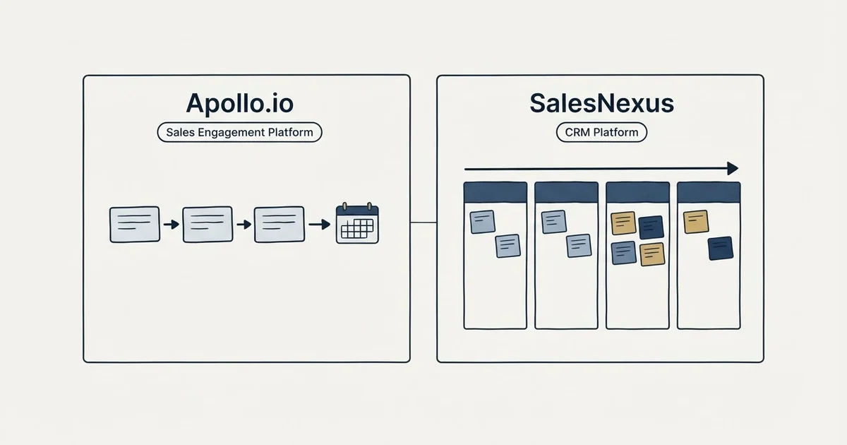 Side-by-side panels: Apollo.io vs SalesNexus (Sales Engagement Platform, CRM Platform)