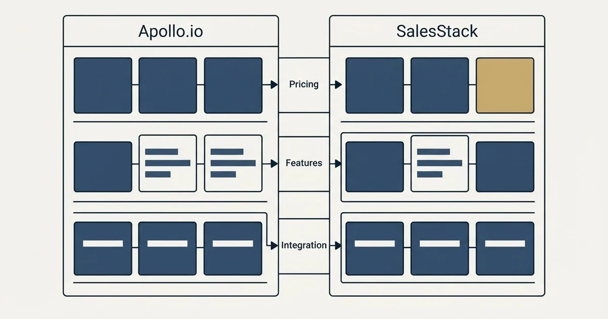 Comparison panel: Apollo.io vs SalesStack (Pricing, Features, Integration)