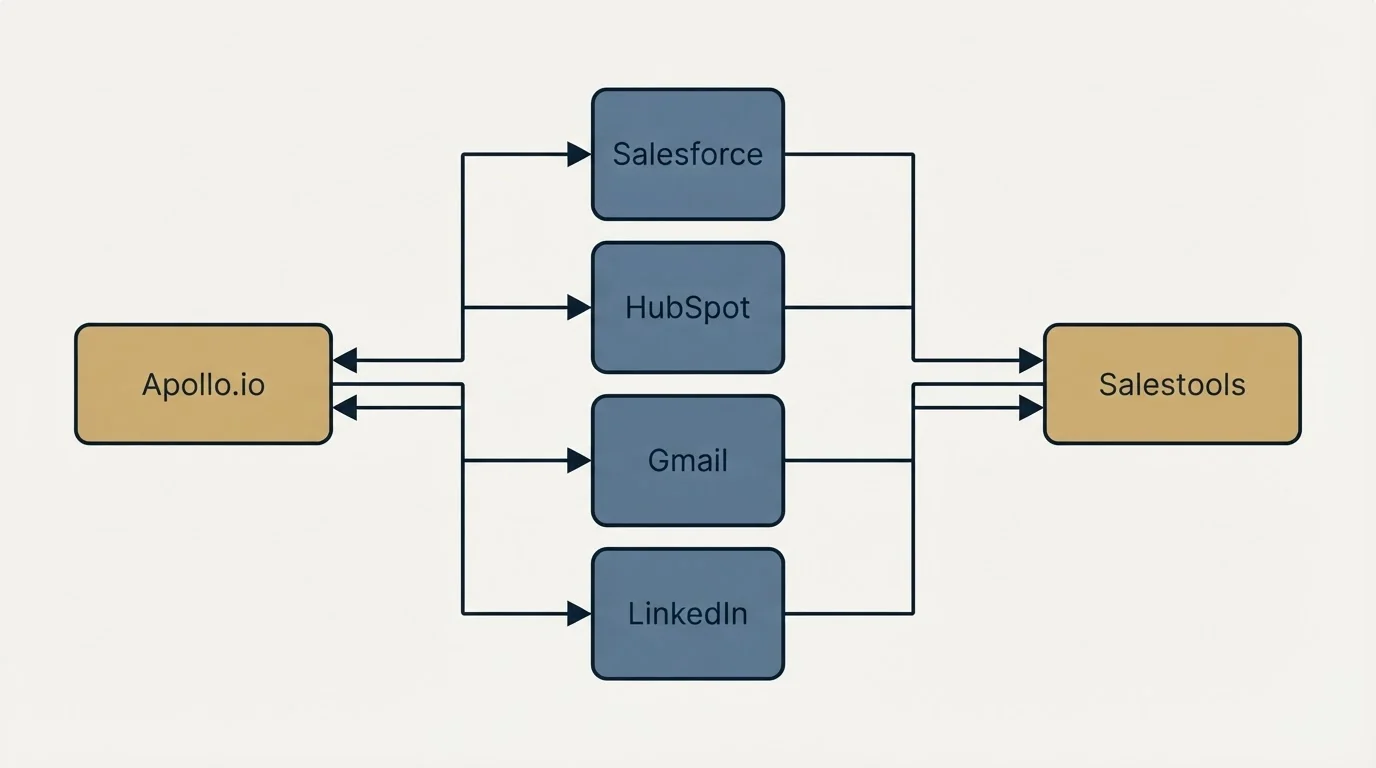 Integration flow: Integration Ecosystem (Apollo.io, Salestools, Salesforce, HubSpot)