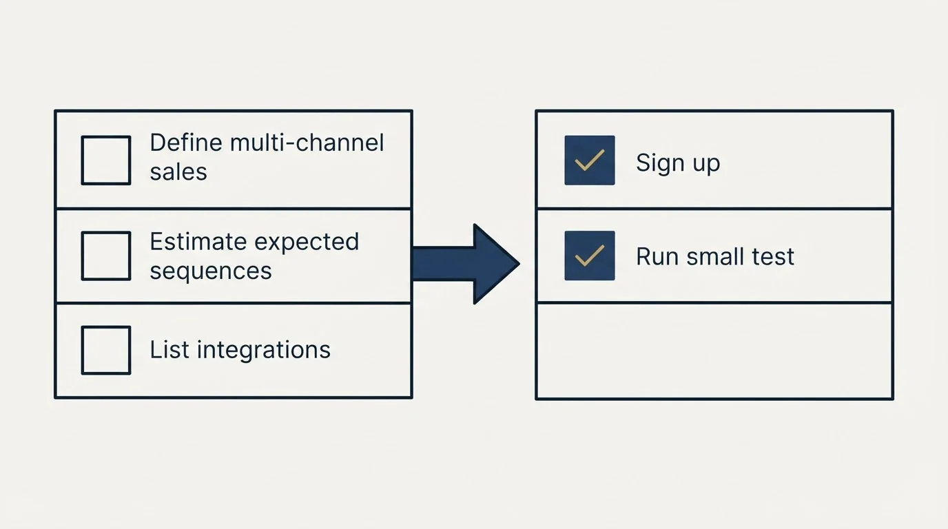 Before-and-after steps: Getting Started Checklist (Define multi-channel sales, Estimate expected sequences, List integrations, Sign up)