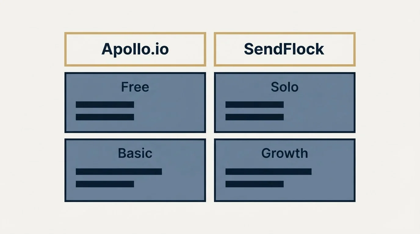Pricing table: Pricing Comparison (Apollo.io, SendFlock, Free, Solo)