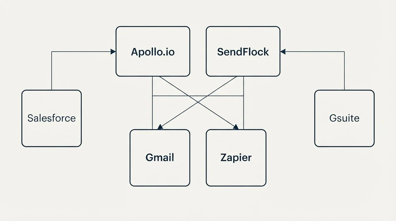 Integration grid: Integration Ecosystem (Apollo.io, SendFlock, Gmail, Zapier)