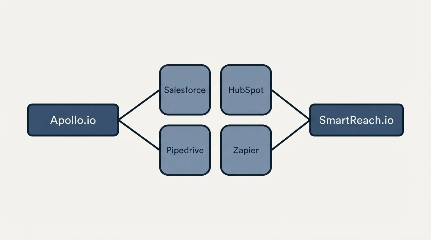 Integration schematic: Integration Ecosystem (Apollo.io, SmartReach.io, Salesforce, HubSpot)