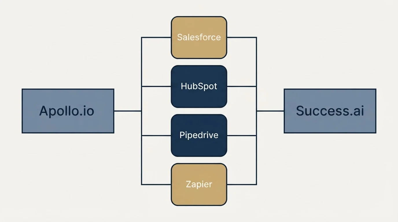 Integration flow: Integration Ecosystem (Apollo.io, Success.ai, Salesforce, HubSpot)