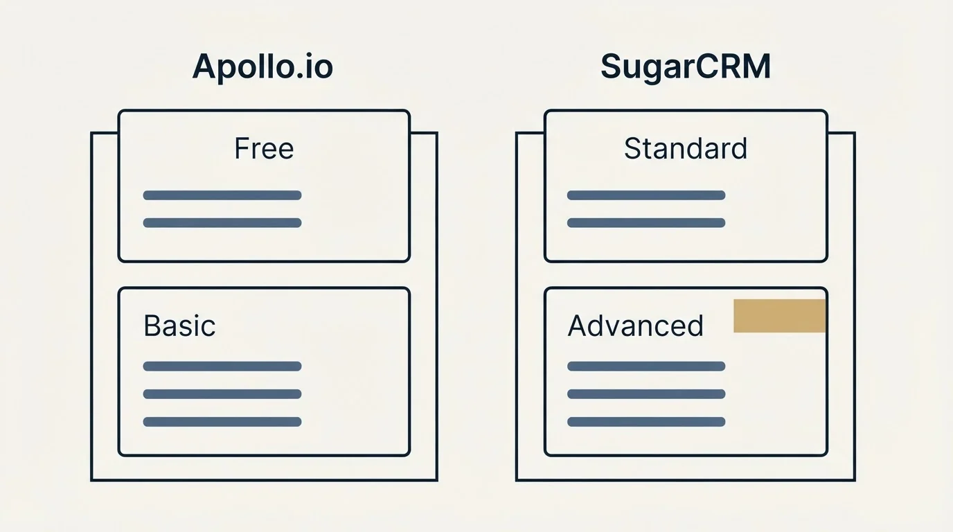 Pricing panels: Pricing Comparison (Apollo.io, SugarCRM, Free, Standard)