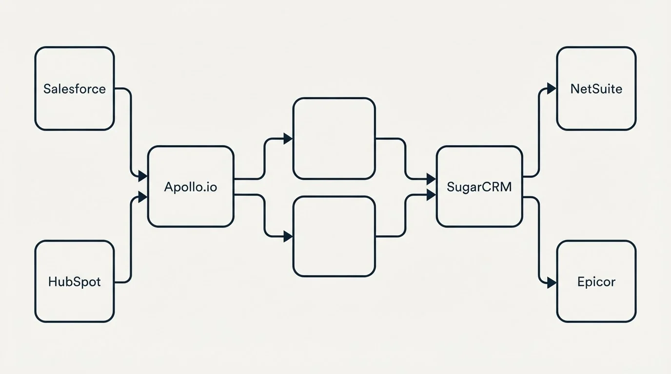 Integration schematic: Integration Ecosystem (Apollo.io, SugarCRM, Salesforce, NetSuite)