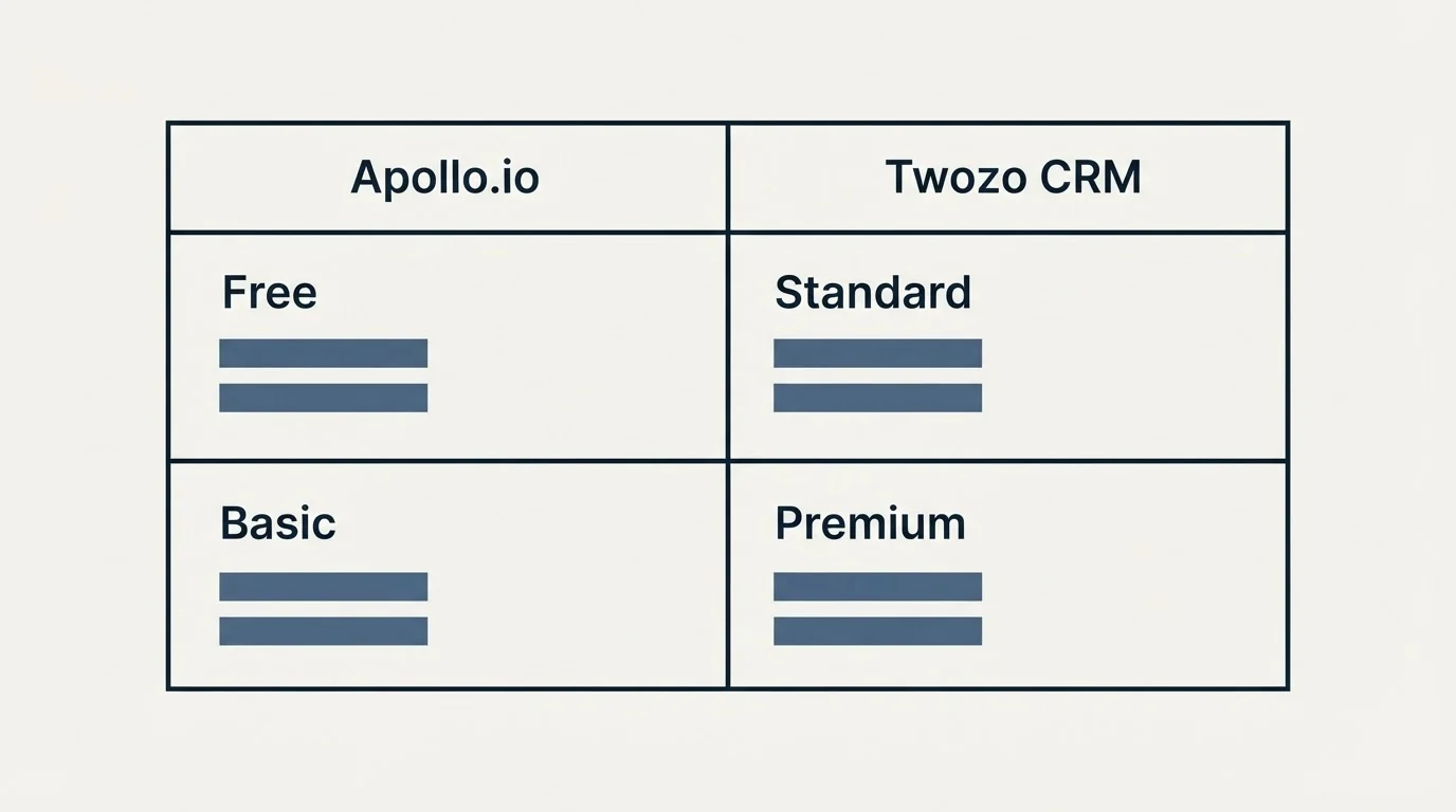 Pricing table: Pricing Comparison (Apollo.io, Twozo CRM, Free, Standard)
