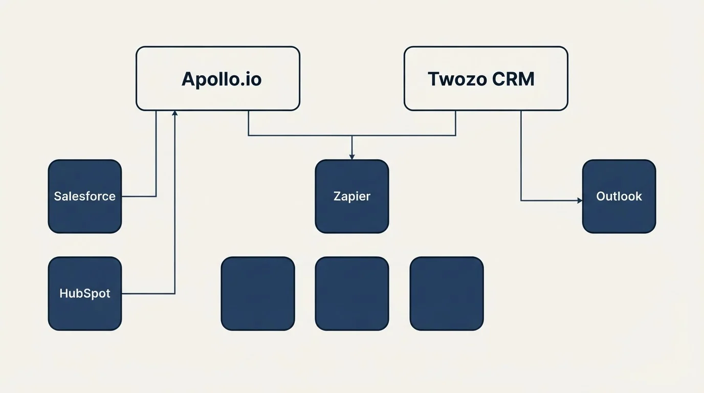 Integration grid: Integration Ecosystem (Apollo.io, Twozo CRM, Zapier, Salesforce)