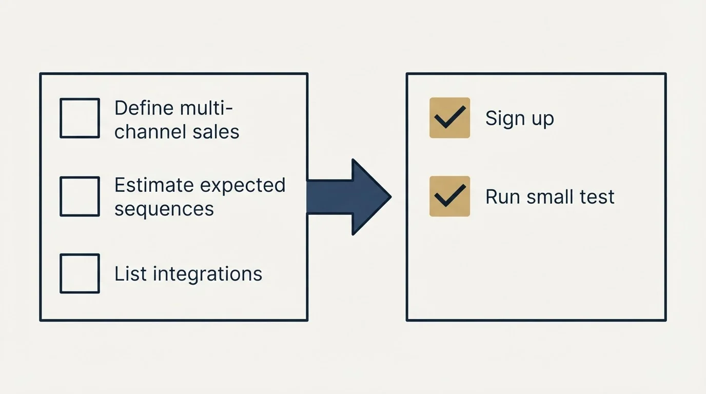 Before-and-after steps: Getting Started Checklist (Define multi-channel sales, Estimate expected sequences, List integrations, Sign up)