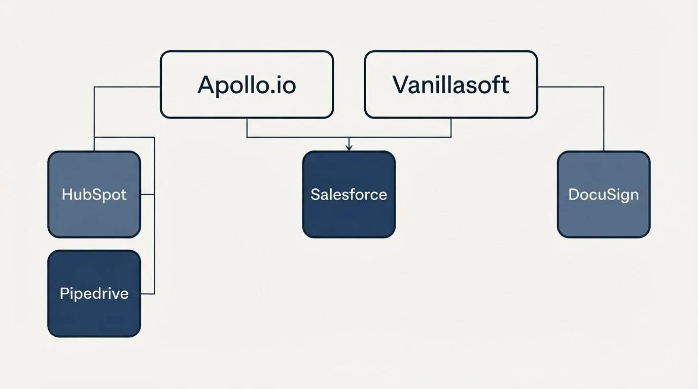 Integration grid: Integration Ecosystem (Apollo.io, Vanillasoft, Salesforce, HubSpot)