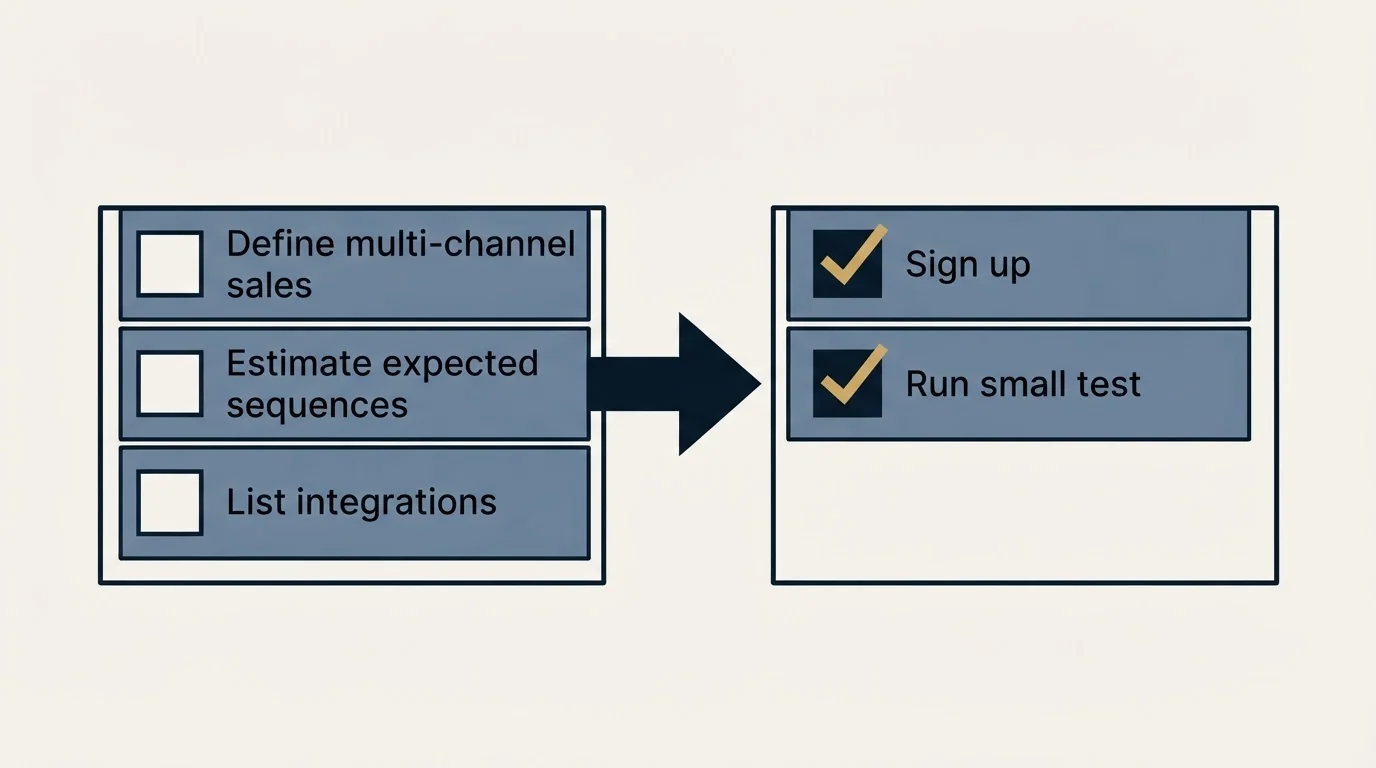 Before-and-after steps: Getting Started Checklist (Define multi-channel sales, Estimate expected sequences, List integrations, Sign up)