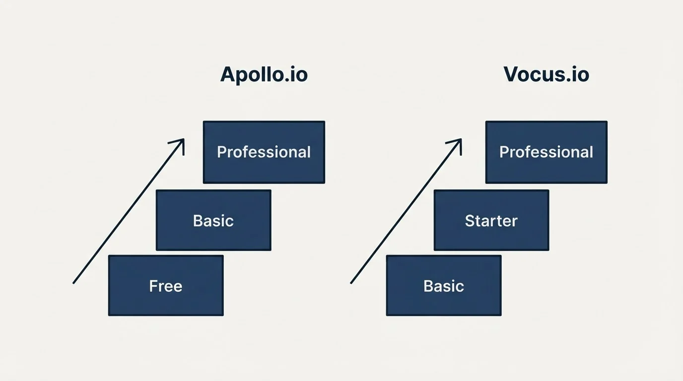 Pricing ladder: Pricing Comparison (Apollo.io, Vocus.io, Free, Basic)