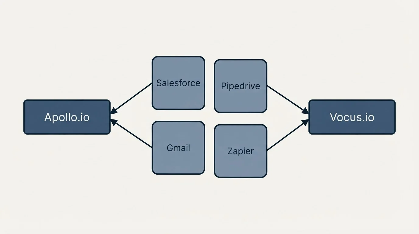 Integration schematic: Integration Ecosystem (Apollo.io, Vocus.io, Salesforce, Pipedrive)
