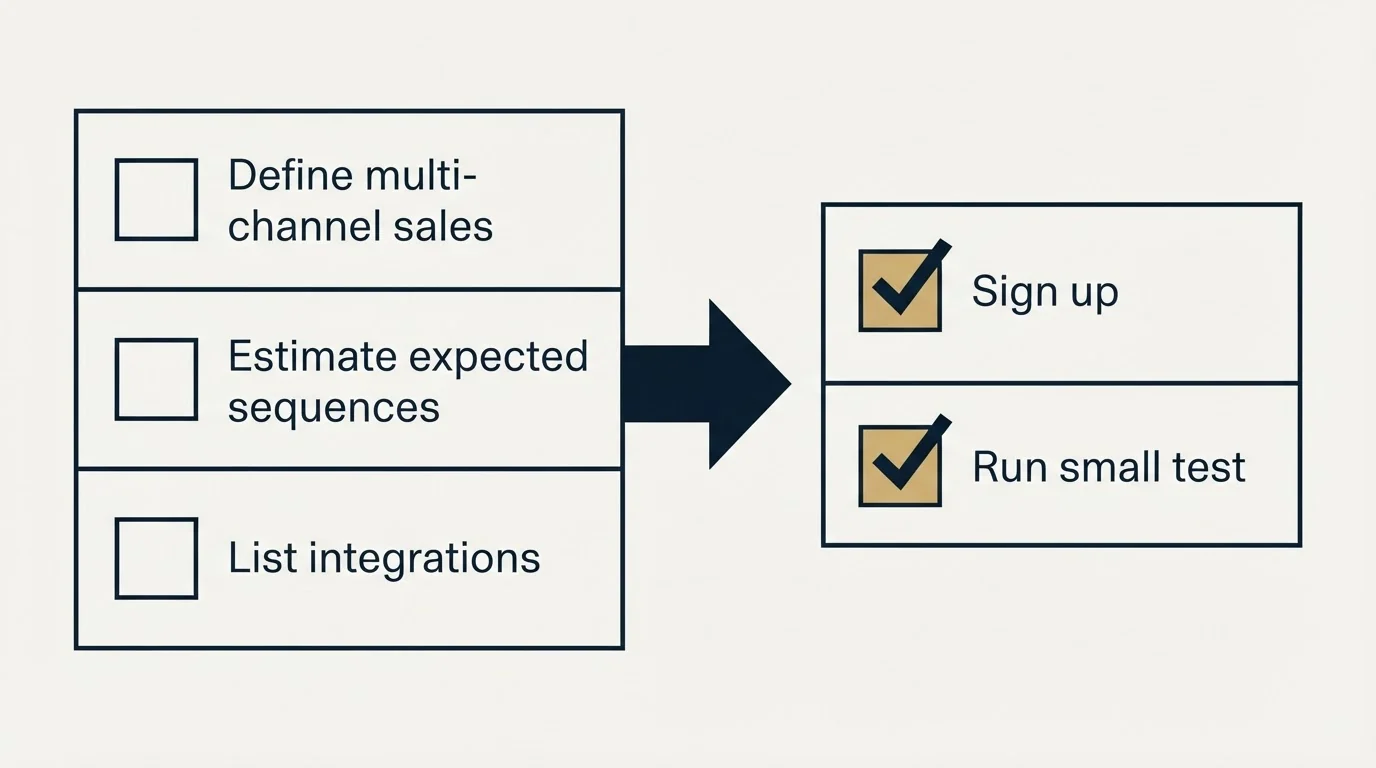 Before-and-after steps: Getting Started Checklist (Define multi-channel sales, Estimate expected sequences, List integrations, Sign up)