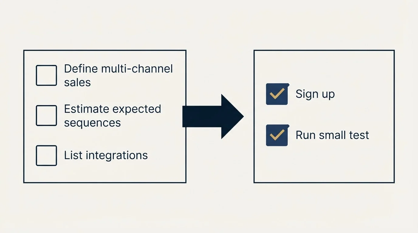 Before-and-after steps: Getting Started Checklist (Define multi-channel sales, Estimate expected sequences, List integrations, Sign up)
