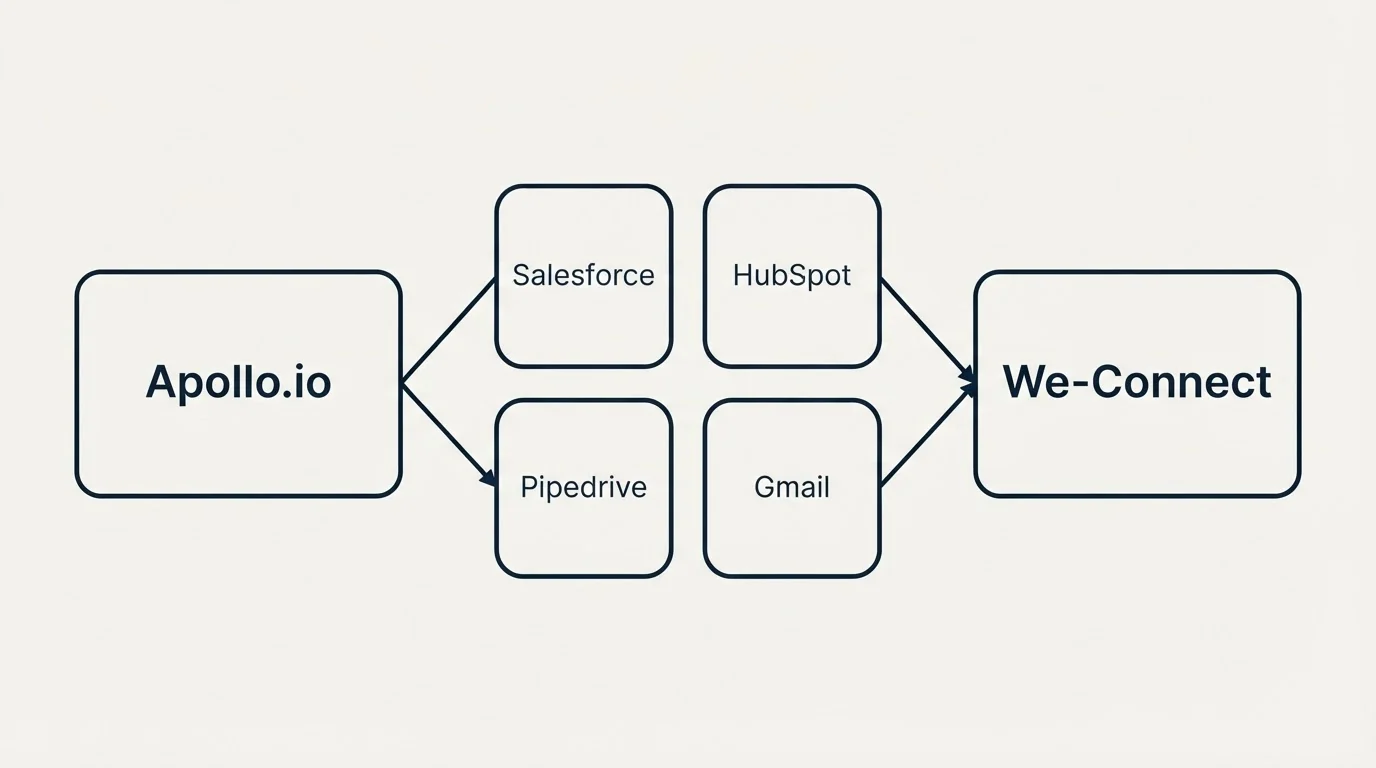 Integration schematic: Integration Ecosystem (Apollo.io, We-Connect, Salesforce, HubSpot)