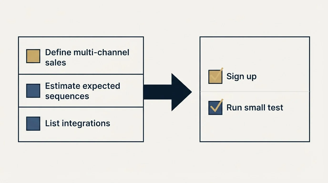 Before-and-after steps: Getting Started Checklist (Define multi-channel sales, Estimate expected sequences, List integrations, Sign up)