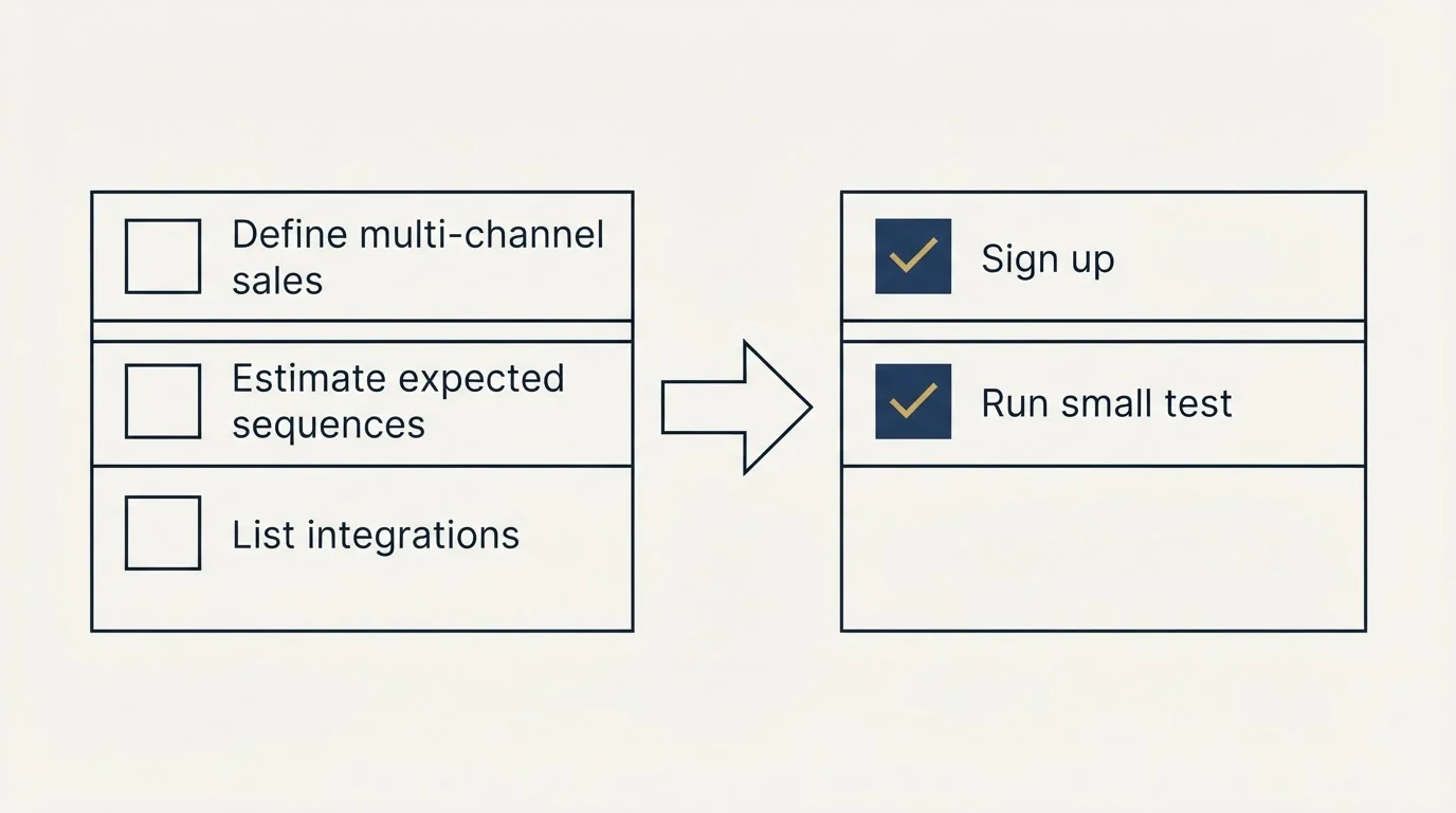 Before-and-after steps: Getting Started Checklist (Define multi-channel sales, Estimate expected sequences, List integrations, Sign up)