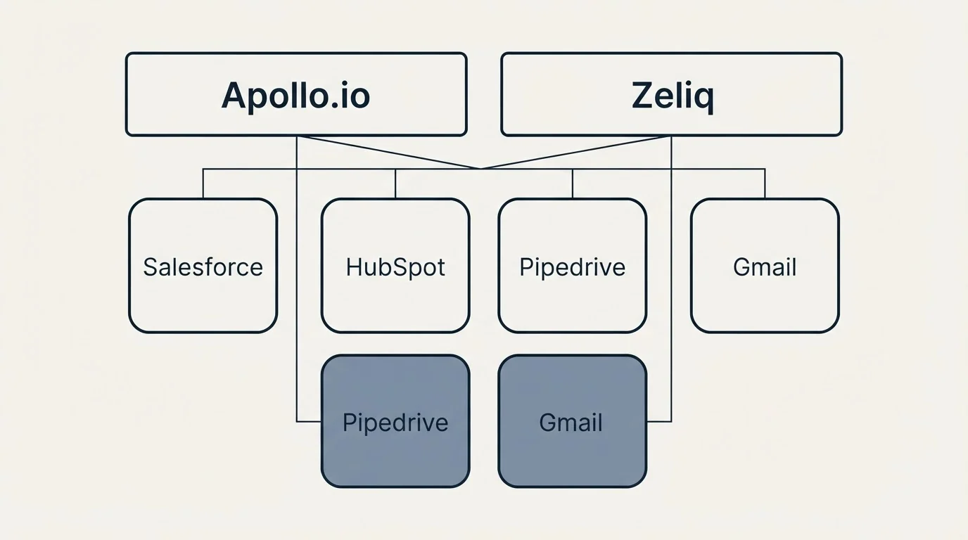 Integration grid: Integration Ecosystem (Apollo.io, Zeliq, Salesforce, HubSpot)