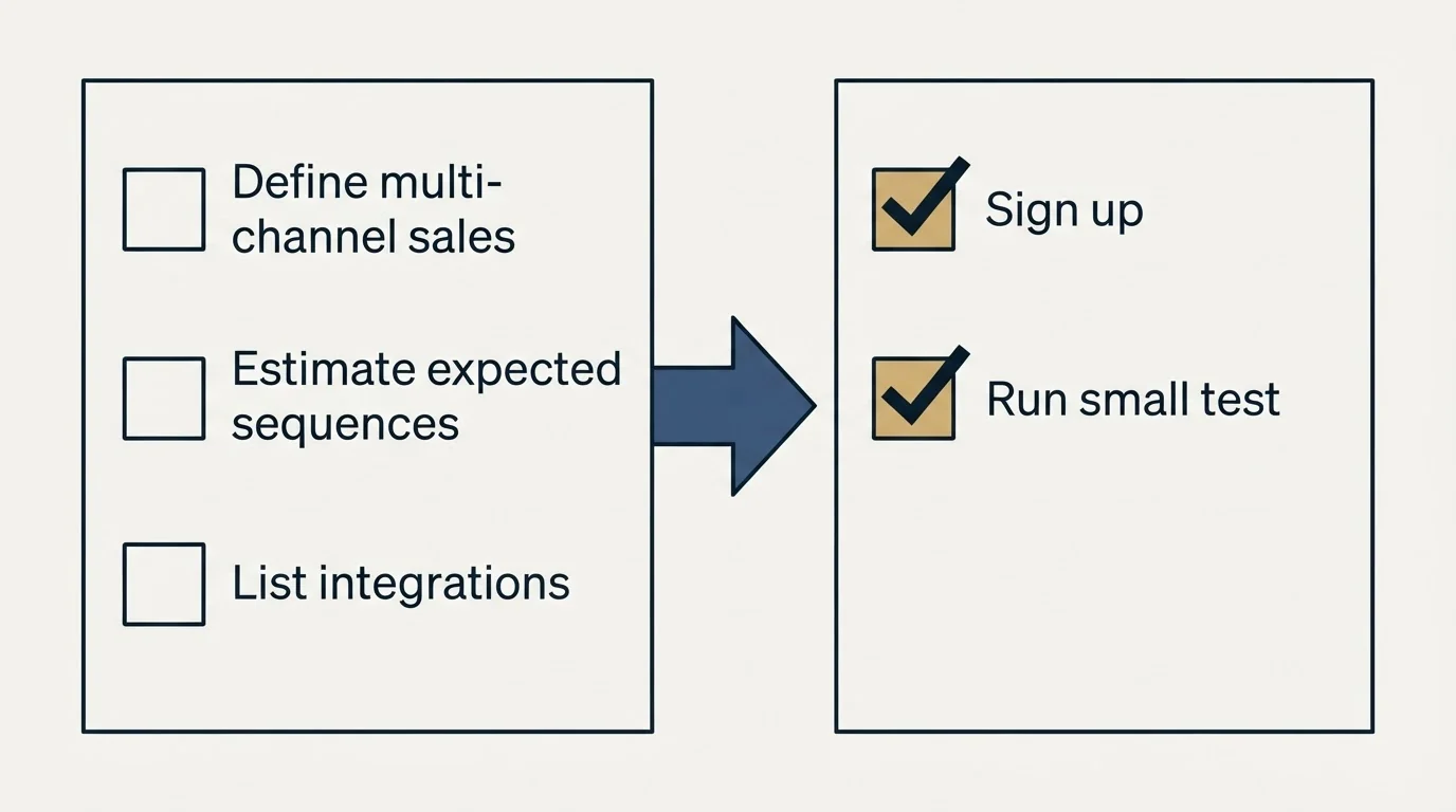 Before-and-after steps: Getting Started Checklist (Define multi-channel sales, Estimate expected sequences, List integrations, Sign up)