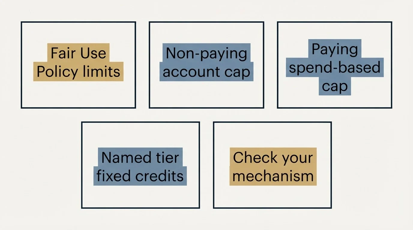 Schematic: What "unlimited" means in the fine print (Fair Use Policy limits, Non-paying account cap, Paying spend-based cap, Named tier fixed credits)