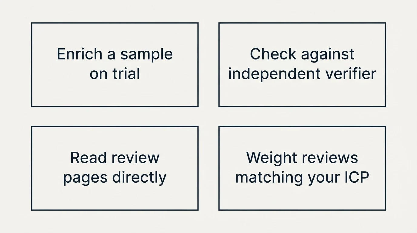 Schematic: What we would actually verify before buying (Enrich a sample on trial, Check against independent verifier, Read review pages directly, Weight reviews matching your ICP)