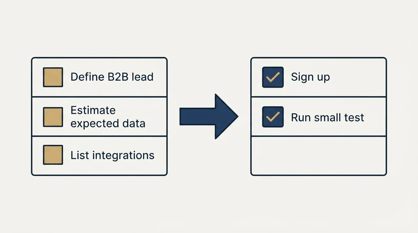 Before-and-after steps: Getting Started Checklist (Define B2B lead, Estimate expected data, List integrations, Sign up)