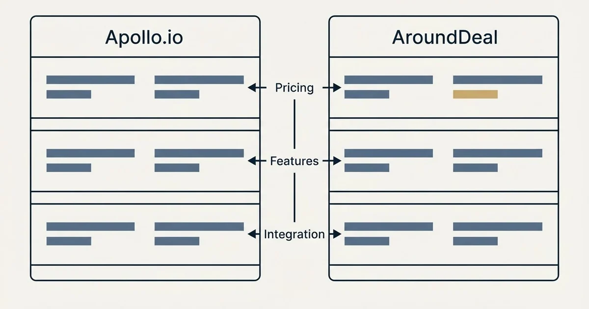 Comparison panel: Apollo.io vs AroundDeal (Pricing, Features, Integration)